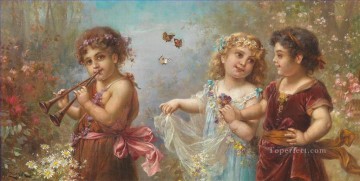 印象派 Painting - 音楽の中の子供たちと蝶 ハンス・ザツカの子供たち